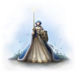  1girl absurdres binding_shield blue_eyes commission dress falchion_(fire_emblem) female_morgan_(fire_emblem) fire_emblem fire_emblem_awakening full_body hair_between_eyes highres kazuko_(towa) short_hair solo tiara 