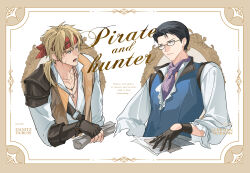  2boys absurdres armor ascot bandana black_eyes black_gloves black_hair blonde_hair blue_eyes blue_vest border character_name chinese_commentary commentary_request cropped_torso danitz_(lord_of_the_mysteries) english_text fchouo01 fingerless_gloves frills gehrman_sparrow glasses gloves headband highres holding holding_paper jewelry klein_moretti looking_at_another lord_of_the_mysteries low_ponytail male_focus multiple_boys necklace open_clothes open_mouth open_vest ornate_border paper pauldrons poet_shirt ponytail red_headband scar semi-rimless_eyewear shirt shoulder_armor shoulder_belt single_pauldron upper_body vest white_shirt yellow_vest 