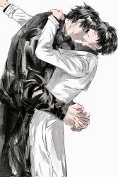  2boys artist_request belt_collar black_coat black_hair black_shirt chest_belt closed_eyes coat collar collared_shirt commentary_request commission grin hand_on_another's_back highres hug kim_dokja male_focus multiple_boys omniscient_reader's_viewpoint open_clothes open_coat own_hands_clasped own_hands_together popped_collar shirt short_hair smile white_coat yoo_joonghyuk 
