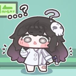  ...? 1girl ahoge bandaid bandaid_on_leg blush_stickers chibi chibi_only commentary_request full_body grey_eyes hair_ornament indoors korean_commentary lethe_(trickal) long_hair long_sleeves monyami open_mouth shirt sign skull_hair_ornament solo translation_request trickcal two-tone_shirt white_shirt 