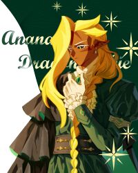  1other :| absurdres ananas_dragon_cookie ascot asymmetrical_bangs bad_id bad_lofter_id belt black_belt black_sclera blonde_hair braid braided_ponytail character_name closed_mouth colored_eyelashes colored_sclera cookie_run cookie_run:_ovenbreak dark_skin earrings english_text facial_mark frilled_sleeves frills gem geruideyundongxie gloves gold_earrings green_background green_gem green_shirt hair_over_shoulder hand_on_own_chest hand_up highres humanization jewelry juliet_sleeves long_hair long_sleeves looking_down low-braided_long_hair low-tied_long_hair other_focus pointy_ears puffy_sleeves shirt simple_background solo two-tone_background upper_body v-shaped_eyebrows very_long_hair white_ascot white_background white_eyelashes white_gloves yellow_eyes 
