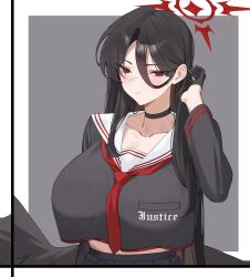  1girl absurdres alternate_hairstyle black_gloves black_hair black_shirt blue_archive blush breasts choker collarbone commentary_request ddog gloves hair_between_eyes halo hasumi_(blue_archive) highres korean_commentary large_breasts long_hair long_hair_between_eyes looking_at_viewer mole mole_under_eye neckerchief red_eyes red_halo red_neckerchief sailor_collar shirt smile solo white_sailor_collar 