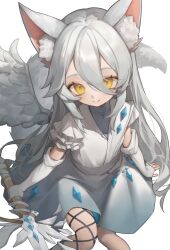  1girl absurdres animal_ear_fluff animal_ears blue_dress blue_gem closed_mouth commentary_request commission dress elbow_gloves english_commentary feet_out_of_frame fingerless_gloves fox_ears fox_girl fox_tail frilled_sleeves frills gem gloves gradient_clothes gradient_dress hair_between_eyes highres holding holding_polearm holding_weapon long_hair looking_at_viewer metatarou mixed-language_commentary multicolored_dress original pixiv_commission polearm short_sleeves simple_background solo tail two-tone_dress weapon white_background white_dress white_gloves white_hair white_wings wings yellow_eyes 