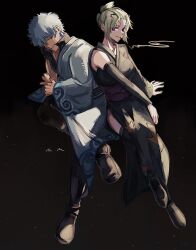  1boy 1girl blonde_hair bokken gintama hadanugi_dousa highres japanese_clothes kimono looking_at_another mmsb_551 open_clothes open_kimono sakata_gintoki sword tsukuyo_(gintama) weapon white_hair white_kimono wooden_sword 