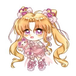  1girl =_= absurdly_long_hair animal ankle_bow ankle_ribbon arm_bow arm_warmers armlet back_bow beads blonde_hair blush_stickers bow bowtie bubble_skirt cat chibi chinese_commentary choker cloak closed_mouth clothed_animal commentary_request cone_hair_bun dot_nose double_bun dreamtime_bestowed_(infinity_nikki) dress dress_bow ear_covers eyelashes footwear_bow frilled_arm_warmers frilled_cloak frilled_dress frills frown gem gem_hair_ornament gulu_guo_bao_rou hair_between_eyes hair_bow hair_bun hair_ribbon happy heart-shaped_gem hood hood_up hooded_cloak infinity_nikki jewelry large_bow leg_ribbon leg_up light_blush long_hair long_sidelocks momo_(nikki) multicolored_shoes nikki_(series) official_alternate_costume open_mouth outline parted_bangs pink_arm_warmers pink_bow pink_bowtie pink_choker pink_clouds pink_dress pink_gem pink_ribbon pink_shoes purple_bow ribbon ribbon_earrings shoes short_dress sidelocks simple_background skirt sleeveless sleeveless_dress smile spaghetti_strap standing twintails two-tone_shoes very_long_hair violet_eyes wavy_hair whiskers white_background white_cat white_shoes wrist_bow 