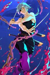  1girl belt bird bird_on_power_lines black_eyes black_tank_top blood breasts brown_belt chain chainsaw_man commentary crow dakaeya dual_wielding english_commentary eyepatch grey_hair highres holding holding_sword holding_weapon katana medium_breasts ponytail power_lines quanxi_(chainsaw_man) ringed_eyes sheath sheathed sideboob solo sword sword_on_back tank_top toned toned_female unsheathed weapon weapon_on_back 