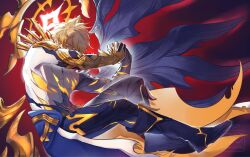 1boy alternate_form armor artist_logo artist_name asymmetrical_wings blonde_hair blue_bodysuit blue_boots blue_cape bodysuit boots broken_skin cape covered_mouth english_commentary full_body gauntlets gold_armor gold_trim hair_between_eyes halo halo_behind_head hands_up highres holding_hands honkai:_star_rail honkai_(series) logo looking_at_viewer male_focus official_alternate_costume official_alternate_eye_color official_alternate_hair_color pale_skin parody phainon_(honkai:_star_rail) phainon_(khaslana)_(honkai:_star_rail) red_background short_hair shoulder_spikes simple_background single_gauntlet sitting solo sparkle spikes the_fallen_angel_(painting) tnnds v-shaped_eyebrows watermark wings yellow_eyes yellow_halo 