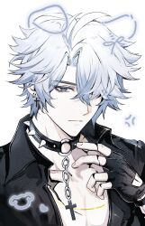  1boy absurdres alternate_costume anger_vein animal_ears arm_up black_choker black_gloves blue_eyes choker closed_mouth clothing_cutout collared_jacket cross cross_necklace dog_ears drawn_ears earrings fingerless_gloves glove_cutout gloves hair_over_one_eye hashtag-only_commentary highres honkai:_star_rail honkai_(series) jacket jewelry male_focus mobtop99 necklace o-ring o-ring_choker one_eye_covered open_clothes open_jacket parted_hair phainon_(honkai:_star_rail) piercing simple_background solo spiked_choker spikes white_background white_hair wing_collar 