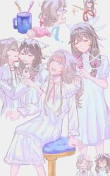  2girls ? anger_vein angry biting biting_cheek black_hair blue_eyes bow brown_hair brushing_hair caw_25 chair closed_eyes columbina_(genshin_impact) cup dress frills genshin_impact hair_brush hair_ornament hair_ribbon head_bump head_wings highres holding holding_hair_brush holding_scissors long_hair multicolored_hair multiple_girls open_mouth pink_ribbon purple_hair purple_streaks ribbon sandrone_(genshin_impact) scissors simple_background sitting smile streaked_hair teardrop toothbrush toothpaste two-tone_hair very_long_hair white_background white_bow white_dress white_wings wings 