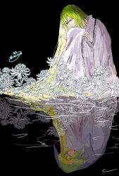  1other androgynous artist_name black_background blonde_hair closed_mouth colored_inner_hair different_reflection enkidu_(fate) fate/grand_order fate_(series) flower full_body green_hair hand_up head_wreath highres long_hair long_sleeves looking_down mochi58sakura multicolored_hair other_focus reflection reflective_liquid robe signature simple_background sitting smile solo very_long_hair violet_eyes water white_flower white_robe wide_sleeves yellow_eyes yellow_flower 