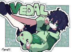  1boy :d bags_under_eyes black_hair black_shirt black_shoes black_shorts blush_stickers border capelet character_name circle clenched_hand closed_mouth crossed_bangs drawstring frown full_body geometric_pattern green_background green_capelet green_eyes green_hoodie grid_background hair_between_eyes hand_up hashtag-only_commentary hexagon_print highres hood hoodie knee_up loafers long_sleeves looking_at_viewer male_focus messy_hair mgmg_mgmg no_socks outline shirt shoes short_hair shorts signature smile solo sparkle square star_(symbol) triangle turtle turtleneck turtleneck_shirt vedal987 vedal_ai white_border white_outline 