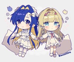  2girls :< absurdres alternate_costume blonde_hair blue_eyes blue_hair bow bowtie braid braided_bangs chibi colored_inner_hair dress frilled_dress frills full_body grey_background hair_bow hair_intakes highres kiperina long_hair long_sleeves mossi_(mossi0816) multicolored_hair multiple_girls puffy_long_sleeves puffy_sleeves red_bow red_bowtie reverse:1999 shoes side-by-side smile socks standing twitter_username voyager_(reverse:1999) white_bow white_dress white_shoes white_socks 