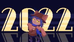  1other 2022 :3 a_hat_in_time aerial_fireworks androgynous animal_hat animated animated_gif arms_up avolicis black_pantyhose blue_background blue_hair blue_scarf brown_coat brown_eyes brown_hat cat_hat child closed_mouth coat colored_sclera commentary dancing english_commentary fireworks hat highres meme new_year niko_(oneshot) no_one's_around_to_help_(meme) oneshot_(game) other_focus pantyhose pixel_art raised_eyebrows scarf sleeves_past_fingers sleeves_past_wrists smug solo waving_arms yellow_sclera 