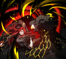  2girls binah_(project_moon) black_coat black_eyes black_gloves black_hair black_shirt blonde_hair coat colored_inner_hair commentary_request e.g.o_(project_moon) fighting fur-trimmed_coat fur_trim gloves highres kali_(project_moon) lobotomy_corporation long_hair mimicry_(e.g.o) multicolored_hair multiple_girls project_moon red_hair shirt torn_clothes torn_coat two-tone_hair yellow_eyes zhang2011han 