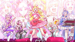  5girls :d ahoge aokaze_nana arm_up armband artist_name band_(music) bass_guitar beamed_eighth_notes black_bow black_dress black_gloves black_thighhighs blonde_hair blue_dress blue_eyes blue_hair blue_ribbon boots bow choker closed_eyes closed_mouth commentary cropped_shirt cure_idol cure_kiss cure_kyunkyun cure_wink cure_zukyuun dated detached_sleeves double_bun dress drill_hair drum drum_set drumsticks earrings eighth_note electric_guitar fingerless_gloves frilled_armband frilled_shirt frills gloves gradient_hair green_hair guitar hair_bow hair_bun hair_ornament hair_ribbon half_gloves halterneck heart heart_hair_bun heart_hair_ornament heart_hair_strand highres holding holding_drumsticks holding_instrument idol_heart_brooch_(precure) idol_heart_incom index_finger_raised instrument jewelry jumbotron kimi_to_idol_precure knee_boots long_hair magical_girl medium_dress meroron_(precure) midriff miniskirt multicolored_hair multiple_girls music musical_note musical_note_hair_ornament navel open_mouth piano pink_gloves pink_hair pink_shirt pink_skirt playing_instrument precure puffy_detached_sleeves puffy_sleeves purirun_(precure) purple_choker purple_dress purple_gloves purple_hair purple_thighhighs ribbon sakura_uta_(precure) satou_yasu shigure_kokoro shirt short_dress signature single_hair_bun single_thighhigh sitting skirt smile standing streaked_hair thigh-highs twin_drills twintails two-tone_hair violet_eyes white_boots white_dress white_ribbon white_thighhighs yellow_eyes 