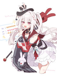  1girl absurdres black_hat clothing_cutout detached_sleeves dress finger_to_own_chin hat highres holding honkai:_star_rail honkai_(series) japanese_clothes kimono leaning_forward livestream looking_at_viewer mark_under_both_eyes open_mouth pink_eyes red_kimono sailor_collar shoulder_cutout solo sparkle_(honkai:_star_rail) sparxie_(honkai:_star_rail) teeth twintails uwasewau white_hair 