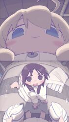  2girls artist_name blonde_hair blue_eyes blush brown_eyes brown_hair chito_(shoujo_shuumatsu_ryokou) crying english_commentary from_below hands_on_floor highres indoors kneeling kurohanenone looking_at_another looking_at_viewer looking_down low_twintails multiple_girls pillow pillow_fight shaded_face shoujo_shuumatsu_ryokou twintails yuuri_(shoujo_shuumatsu_ryokou) 