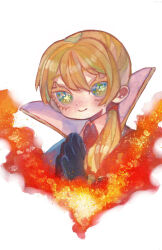  1girl black_gloves blonde_hair blue_eyes cecil_(project_moon) closed_mouth collared_shirt gloves gold_trim hands_up highres jacket library_of_ruina liu_association_south_uniform long_hair looking_at_viewer low_ponytail mochigome_138 necktie painting_(medium) ponytail project_moon red_jacket red_necktie shirt simple_background smile solo traditional_media watercolor_(medium) white_background white_shirt 