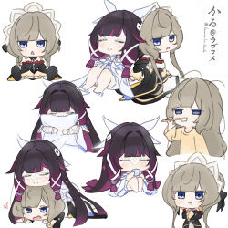 2girls absurdres anger_vein annoyed artist_name back-to-back black_bow black_collar black_dress black_hair black_sleeves blue_eyes blush bonnet bow brown_hair brushing_teeth chibi closed_eyes collar columbina_(genshin_impact) commentary_request crossed_arms cup detached_collar detached_sleeves dress drink eye_mask gem genshin_impact hair_ornament highres holding holding_cup karu_(calpis8222) long_hair loose_hair_strand lying_on_another mask multicolored_hair multiple_girls multiple_views pillow pout purple_hair purple_streaks red_gem sandrone_(genshin_impact) see-through_clothes see-through_mask short_hair_with_long_locks simple_background sitting streaked_hair toothbrush translation_request triangle_mouth very_long_hair white_background white_bow white_dress white_headdress wing_hair_ornament wrist_bow x-shaped_eyewear yellow_bow yuri 