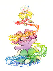  :d alternate_color bellossom blush blush_stickers commentary english_commentary flower full_body multicolored_fire oliver_hamlin open_mouth painting_(medium) pokemon pokemon_(creature) pokemon_focus rainbow_fire shiny_pokemon simple_background smile solo traditional_media watercolor_(medium) white_background yellow_flower 