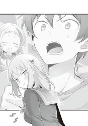  029 1girl 2girls :t =_= acieth_alla angry blush blush_stickers bow breasts closed_eyes closed_mouth eating food greyscale hair_between_eyes hair_bow hataraku_maou-sama! highres holding holding_food holding_popsicle jitome large_breasts long_hair looking_back maou_sadao monochrome multiple_girls official_art open_mouth plaid_bow popsicle sasaki_chiho school_uniform serafuku shirt short_hair surprised sweat t-shirt third-party_source two_side_up v-shaped_eyebrows wide-eyed 