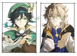  2boys albedo_(genshin_impact) androgynous aqua_eyes aqua_gem ascot belt beret black_bow black_bowtie black_hair black_hood blonde_hair blue_hair blue_shirt border bow bowtie braid brown_corset buttons cape closed_mouth collared_cape collared_shirt corset english_commentary fingernails floating_hair flower gem genshin_impact gradient_hair green_cape green_hat hair_between_eyes hand_up hat hat_flower hat_ornament highres holding holding_instrument holding_lyre hood hoodie instrument jewelry leaf_hat_ornament long_sleeves looking_at_another looking_at_viewer lyre male_focus mandarin_collar marbun multicolored_hair multiple_boys open_clothes open_hoodie outside_border pendant puffy_long_sleeves puffy_sleeves purple_belt scar shirt short_hair short_sleeves simple_background smile striped_bow striped_bowtie striped_clothes twin_braids two-sided_cape two-sided_fabric two-tone_hair upper_body venti_(genshin_impact) vision_(genshin_impact) white_ascot white_background white_border white_flower white_hoodie white_shirt yellow_cape yellow_gem 