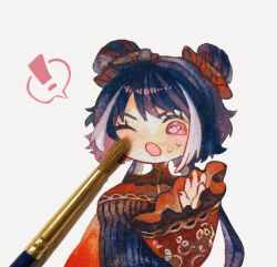  1girl black_dress black_hair double_bun dress fourth_wall hair_bun hair_ornament hair_scrunchie highres jia_xichun_(project_moon) limbus_company long_hair low_twintails mochigome_138 multicolored_hair one_eye_closed open_mouth paintbrush painting_(medium) project_moon red_shrug ribbed_dress scrunchie shrug_(clothing) simple_background solo streaked_hair sweat traditional_media twintails very_long_hair watercolor_(medium) white_background white_streaks 