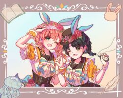  2girls ;d aqua_eyes black_corset black_hair black_sailor_collar blue_bow blue_bowtie book border bow bowtie braid buttons cerise_bouquet commentary_request corset double-breasted fushigi_to_kimi_to_library green_eyes grey_border highres hinoshita_kaho holding holding_pocket_watch jellyfish kokutou_usagi_(brown_sugar11089) link!_like!_love_live! looking_at_viewer love_live! medium_hair momose_ginko multiple_girls one_eye_closed open_book orange_hair orange_sleeves pocket_watch puffy_short_sleeves puffy_sleeves rabbit rabbit-shaped_buttons sailor_collar sailor_shirt shirt short_sleeves smile striped_bow striped_bowtie striped_clothes twin_braids upper_body virtual_youtuber watch white_shirt 