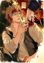  2boys absurdres alcohol black_pants black_vest blonde_hair blue_eyes collared_shirt cup danitz_(lord_of_the_mysteries) drink fchouo01 headband highres holding holding_cup holding_drink knee_up long_sleeves looking_up lord_of_the_mysteries low_ponytail male_focus multiple_boys open_clothes open_mouth open_vest out_of_frame pants partially_unbuttoned ponytail red_headband scar scar_on_face shirt sitting solo_focus teeth vest white_shirt 