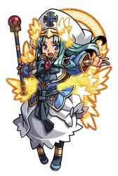  1girl angel angel_wings anklet aqua_hair black_bow black_bowtie black_ribbon black_socks blue_eyes blue_shirt blue_shoes bow bowtie bracelet capelet energy_ring feathered_wings floating_hair glowing glowing_wings gold_trim harakawa_mitsuhiro hat head_wings holding holding_staff jewelry kneehighs long_hair middle_part multiple_wings official_art open_mouth orange_wings outstretched_arms ribbon rimuriel shinrabanshou shirt shoes skirt socks solo spread_arms staff third-party_source transparent_background waist_ribbon white_capelet white_hat white_skirt wings 