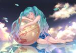  1girl absurdres aqua_hair arm_rest bare_arms bare_legs barefoot blue_ribbon blue_skirt clear_sky closed_eyes clouds cloudy_sky colored_tips dot_nose evening expressionless facing_viewer fantasy fingernails fish floor flying_fish frilled_shirt frills full_body globe gradient_hair hair_ribbon hand_rest hatsune_miku head_rest head_tilt highres long_hair multicolored_hair nap_on_a_cloud night night_sky on_floor outdoors parted_lips pink_hair pink_nails plaid plaid_ribbon plaid_skirt reflective_floor ribbon shirt sitting skirt sky sleeping sleeveless sleeveless_shirt solo toenails twintails very_long_hair vocaloid wavy_hair white_shirt yellow_clouds yokozuwari 