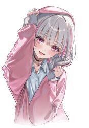  1girl asumi_sena collared_shirt commentary_request fang grey_hair hand_up highres hood hood_up hooded_jacket jacket looking_at_viewer multicolored_hair open_mouth pink_eyes pink_hair pink_jacket sa-ya2 shirt short_hair simple_background smile solo streaked_hair upper_body virtual_youtuber vspo! white_background white_shirt 