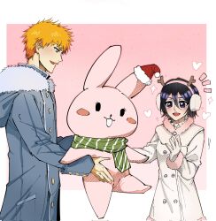  1boy 1girl black_eyes black_hair bleach blue_coat chappy coat commentary corrupted_twitter_file earmuffs english_commentary fake_antlers fur-trimmed_hood fur_trim gloves hat heart height_difference highres holding holding_stuffed_toy hood hood_down kuchiki_rukia kurosaki_ichigo orange_eyes orange_hair santa_hat scarf short_hair silegesi striped_clothes striped_scarf stuffed_animal stuffed_rabbit stuffed_toy white_gloves winter_clothes winter_coat 
