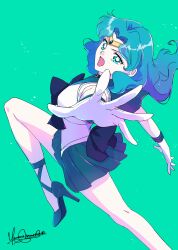  absurdres angry aqua_hair aqua_sailor_collar aqua_shoes aqua_skirt birthday bishoujo_senshi_sailor_moon blue_eyes choker dj_jdite gloves green_background green_hair happy_birthday high_heels highres kaiou_michiru looking_at_viewer magical_girl outer_senshi sailor_collar sailor_neptune sailor_senshi_uniform shoes signature skirt standing standing_on_one_leg tiara white_gloves 