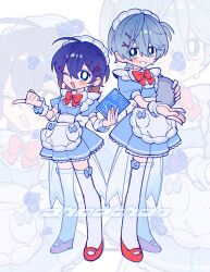  1boy 1girl ahoge alternate_costume apron belle_(zenless_zone_zero) blue_dress blue_eyes blue_hair blush bow bowtie breasts brother_and_sister commentary_request crossdressing crossdressing_(mtf) deformed dress earrings grey_hair hair_between_eyes hair_ornament hairclip heart highres holding holding_menu holding_tray index_finger_raised jewelry maid_headdress menu one_eye_closed open_mouth red_bow red_bowtie red_shoes shoes short_hair short_sleeves siblings simple_background standing stud_earrings thigh-highs tray twitter_username urouroshiro waist_apron waitress white_thighhighs wise_(zenless_zone_zero) zenless_zone_zero zoom_layer 