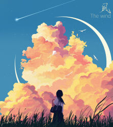  1girl bag bird black_hair black_sailor_collar black_skirt blue_sky chinese_commentary chinese_text chromatic_aberration clouds cloudy_sky commentary_request crescent_moon english_text evening fangpeii from_behind grass hand_up highres kite mixed-language_text moon original outdoors sailor_collar scenery school_bag school_uniform serafuku shirt shooting_star short_hair short_sleeves shoulder_bag signature skirt sky sky_focus solo standing star_(sky) summer_uniform translation_request white_shirt 