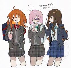  ! !! 3girls black-framed_eyewear blazer bow bowtie brown_hair brown_shoes cheek_poking cowboy_shot cropped_legs cup drinking fate/grand_order fate_(series) food food_in_mouth fujimaru_ritsuka_(female)_(sign_of_spring) green_bow green_bowtie green_ribbon grin hair_over_one_eye hand_in_pocket holding holding_cup jacket kishinami_hakuno_(female)_(sign_of_spring) lapels long_hair looking_at_another looking_at_viewer mash_kyrielight_(sign_of_spring) medium_hair microbe_volvox multiple_girls notched_lapels open_clothes orange_eyes pink_hair plaid_clothes plaid_skirt pocky pocky_in_mouth poking profile red_bow red_bowtie ribbon shirt shoes simple_background skirt smile smug spoken_exclamation_mark violet_eyes white_background white_shirt 