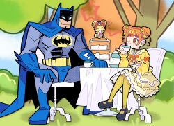  batman batman_(series) belt bodysuit bourbunbun bow brown_eyes brown_hair cape choker cup cure_rosetta dc_comics dokidoki!_precure double_bun dress gloves grey_bodysuit hair_bun hair_ornament heart highres holding holding_cup jewelry mask muscular muscular_male orange_hair precure short_hair superhero_costume tea utility_belt yellow_dress yotsuba_alice 