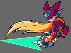  1boy android armor black_eyes cowboy_shot cryogx energy_sword forehead_jewel grey_background helmet highres holding holding_sword holding_weapon male_focus mega_man_(series) mega_man_zero_(series) red_armor red_helmet simple_background solo sword weapon z_saber zero(z)_(mega_man) zero_(mega_man) 
