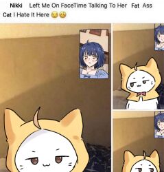  1girl :3 ahoge animal annoyed blue_bow blue_bowtie blue_dress blue_hair bow bowtie brown_eyes cat cloak closed_mouth clothed_animal collarbone commentary derivative_work dress ear_covers english_commentary english_text frown hair_bun happy highres hood hood_up hooded_cloak jewelry meme meme_request momo_(nikki) nikki_(series) nonoberry22 on_bed pendant photo_background pillow puffy_short_sleeves puffy_sleeves red_bow red_bowtie sequential shining_nikki short_hair short_sleeves single_side_bun smile square_neckline stylist_(nikki) traditional_bowtie v-shaped_eyebrows whiskers white_cat yellow_cloak yellow_eyes 