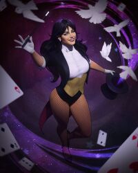  absurdres animal artist_name bird black_hair black_leotard black_tailcoat blue_eyes bow bowtie breasts buttons card clip_studio_paint_(medium) coattails curvy dalejomej dc_comics dove dress_shirt earrings fishnet_pantyhose fishnets from_above gloves gold_corset hand_up hat high_heels highres jewelry leotard long_hair looking_at_viewer magic makeup medium_breasts narrow_waist outstretched_arms painterly pantyhose red_lips shirt sleeves_rolled_up spread_arms standing standing_on_one_leg tailcoat top_hat unworn_hat unworn_headwear wand western_comics_(style) white_bow white_bowtie white_gloves white_shirt wing_collar zatanna_zatara 