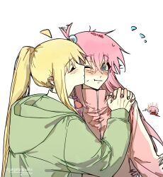  2girls @_@ ahoge blue_eyes blush bocchi_the_rock! closed_eyes closed_mouth commentary_request flying_sweatdrops gotoh_hitori green_hoodie gungunpupushui hair_wagging highres holding_hands hood hoodie ijichi_nijika interlocked_fingers jacket kiss kissing_cheek multiple_girls one_eye_closed pink_jacket side_ponytail simple_background track_jacket upper_body white_background yuri 