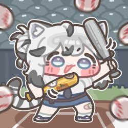  1girl animal_ears ball bandaid bandaid_on_leg baseball baseball_(object) baseball_bat blue_eyes blue_shorts blush_stickers chibi commentary_request dual_wielding grey_hair holding holding_baseball_bat korean_commentary monyami motion_blur open_mouth shorts solo tail tig_(trickcal) tiger_ears tiger_girl tiger_tail trickcal 
