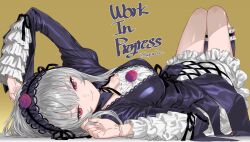  1girl black_dress breasts clopen28 commentary_request doll_joints dress flower frilled_sleeves frills gothic_lolita grey_hair hairband highres joints lolita_fashion lolita_hairband long_hair looking_at_viewer lying medium_breasts on_back red_eyes rose rozen_maiden smile solo suigintou unfinished 