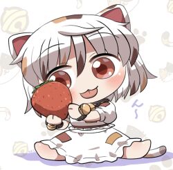  1girl :3 animal_ears barefoot bell black_collar blush calico_(pattern) cat_ears cat_girl cat_tail chibi chibi_only closed_mouth collar commentary_request food fruit full_body goutokuji_mike hair_between_eyes highres holding holding_food multicolored_hair neck_bell rokugou_daisuke shirt short_hair short_sleeves signature simple_background sitting skirt skirt_set solo strawberry streaked_hair tail touhou white_background white_hair white_shirt white_skirt 