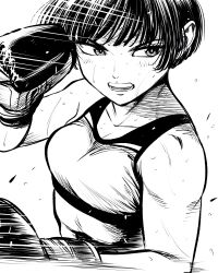  1girl boxing boxing_gloves breasts commentary_request crosshatching flying_sweatdrops hatching_(texture) highres lee_(dragon_garou) monochrome motion_lines open_mouth original serious short_hair small_breasts solo speed_lines sports_bra sweat toned toned_female upper_body very_sweaty 