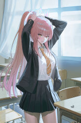  1girl absurdres aemeath_(wuthering_waves) alternate_costume arms_up black_jacket black_skirt breasts classroom closed_mouth collared_shirt commentary_request desk hair_ornament highres indoors jacket korean_commentary long_hair looking_at_viewer medium_breasts necktie orange_eyes orange_necktie pink_hair ponytail school_desk shirt shirt_tucked_in skirt smile solo soul_(smfa2555) star-shaped_pupils star_(symbol) symbol-shaped_pupils tying_hair white_shirt window wuthering_waves 