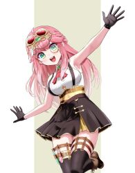 1girl aivy_lovencraft ar-khey fanart gloves goggles goggles_on_head green_eyes indie_virtual_youtuber long_hair looking_at_viewer monocle pink_hair simple_background smile solo virtual_youtuber vtuber vtuberfanart