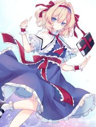  1girl alice_margatroid black_shoes blonde_hair blue_dress blue_eyes capelet closed_mouth commentary dress frilled_hairband frills grimoire_of_alice hair_between_eyes hairband hands_up ice_blue_rose index_finger_raised looking_at_viewer medium_hair shoes short_sleeves smile socks solo touhou untranslatable_commentary white_capelet white_sleeves white_socks wrist_cuffs 