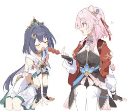  2girls bell black_hair bridal_gauntlets closed_eyes commentary_request cropped_legs dango feeding fingerless_gloves food gloves hair_bell hair_ornament heart highres holding holding_food honkai:_star_rail honkai_(series) invisible_chair long_hair march_7th_(honkai:_star_rail) march_7th_(hunt)_(honkai:_star_rail) multiple_girls open_mouth pantyhose pink_hair sanshoku_dango sitting tanghulu tiara twitter_username uwasewau wagashi white_background white_pantyhose yunli_(honkai:_star_rail) 